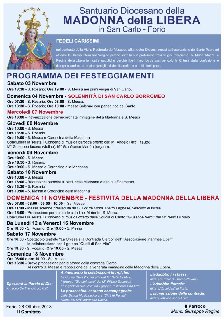 IL PROGRAMMA DEI FESTEGGIAMENTI IN ONORE DELLA MADONNA DELLA LIBERA