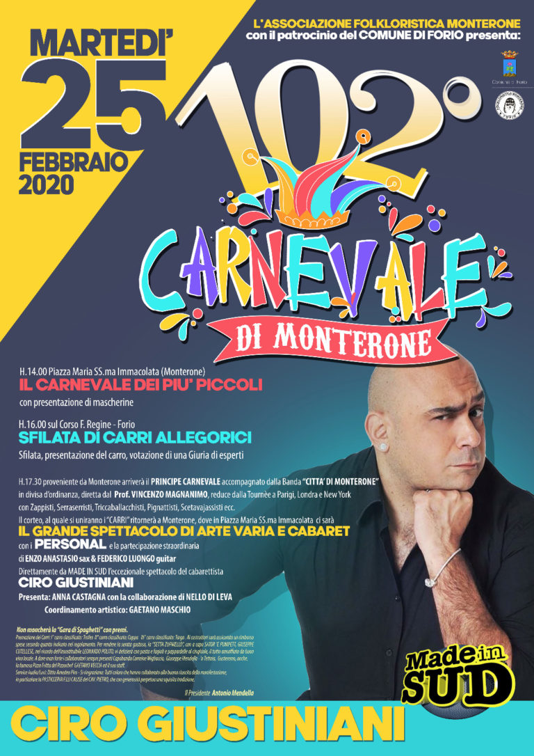 102° CARNEVALE DI MONTERONE: CI SARA’ GIUSTINIANI AL POSTO DI SCHETTINO