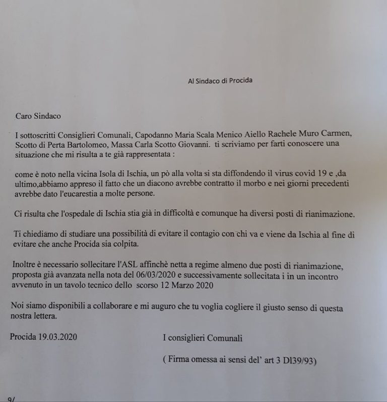 PROCIDA – L’OPPOSIZIONE SCRIVE AL SINDACO: “EVITARE IL CONTAGIO CON CHI VA E VIENE DA ISCHIA”