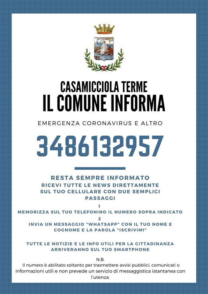 CASAMICCIOLA – ISTITUITO IL SERVIZIO WHATSAPP “IL COMUNE INFORMA”