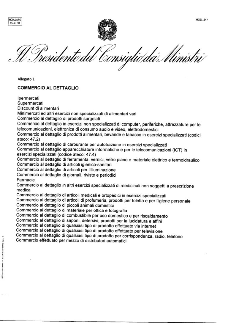 ECCO QUALI ATTIVITA’ RESTANO APERTE: IL DPCM NEL DETTAGLIO