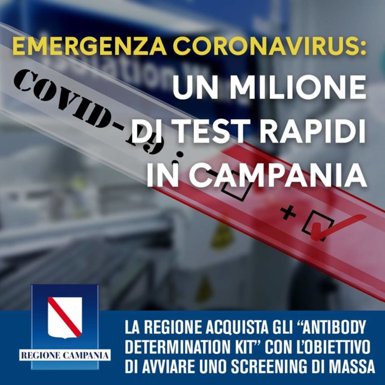 LA CAMPANIA ACQUISTA 1 MILIONE DI TEST RAPIDI PER IL CORONAVIRUS