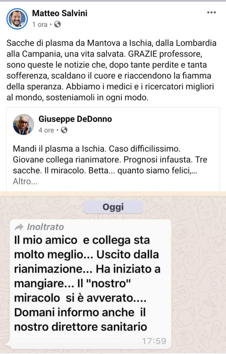 SALVINI E IL PLASMA CHE HA “SALVATO” IL MEDICO ISCHITANO: COSA C’E’ DI VERO NELLA STORIA ISOLANA