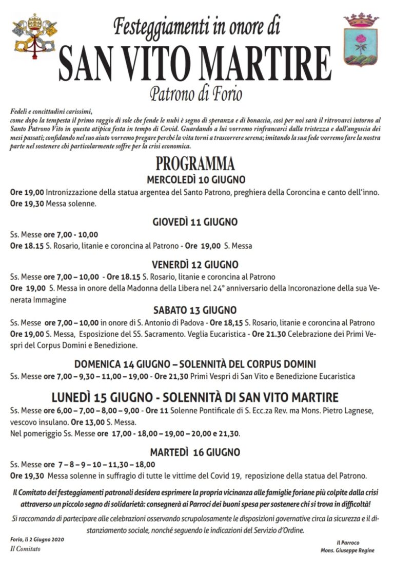 FORIO – IL PROGRAMMA DEI FESTEGGIAMENTI IN ONORE DI SAN VITO MARTIRE
