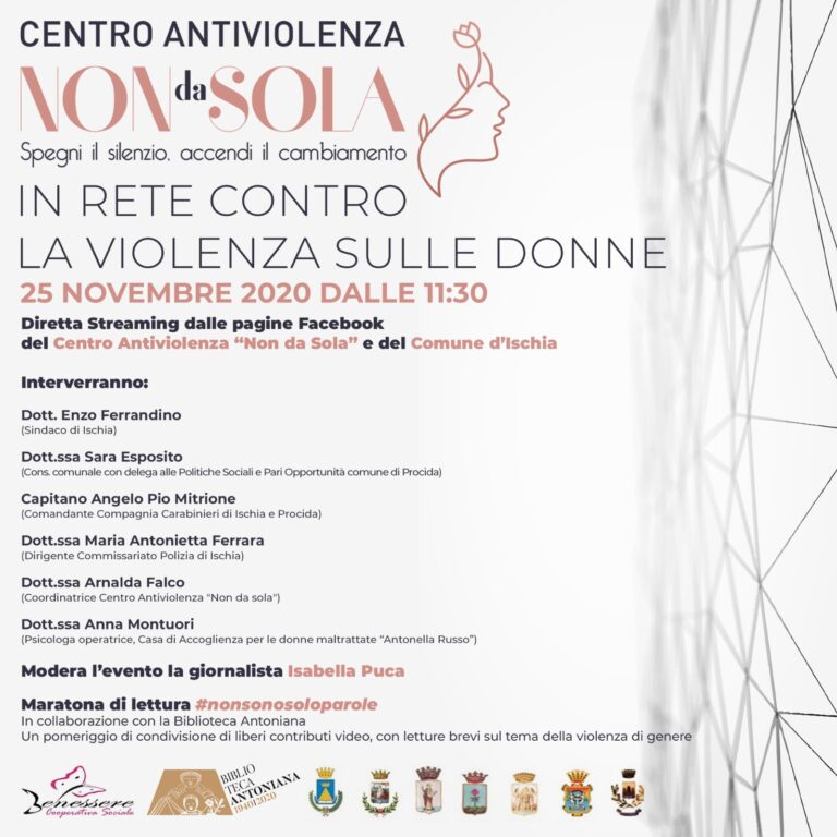 NON DA SOLA: IN RETE CONTRO LA VIOLENZA SULLE DONNE, MERCOLEDÌ 25 NOVEMBRE L’EVENTO FACEBOOK