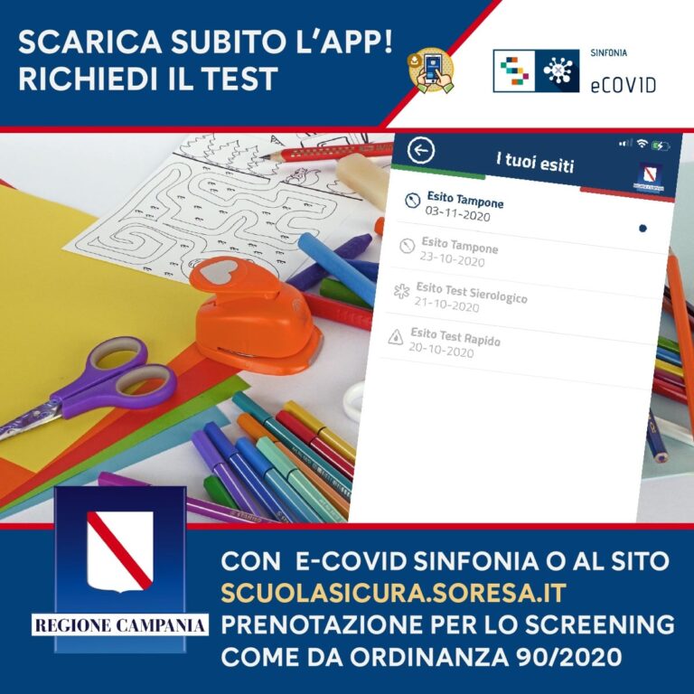 COVID-19, PER LO SCREENING SCUOLA PRENOTAZIONI CON L’APP E SUL WEB