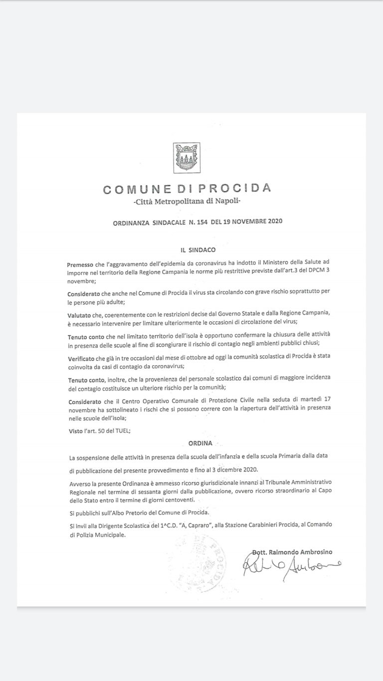 PROCIDA, SCUOLA DELL’INFANZIA E PRIMARIA CHIUSA SINO AL 3 DICEMBRE