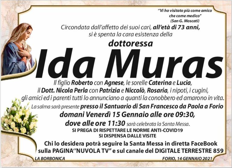 L’ISOLA D’ISCHIA PIANGE LA SCOMPARSA DELLA DOTT.SSA IDA MURAS, DONNA DALLE STRAORDINARIE DOTI UMANE