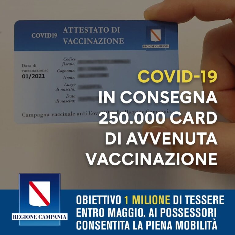 COVID 19 IN CAMPANIA: IN CORSO LA CONSEGNA DI 250.000 CARD DI AVVENUTA VACCINAZIONE