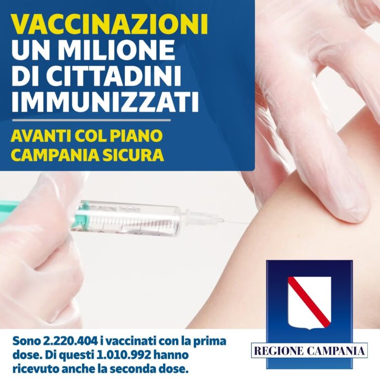VACCINI: IN CAMPANIA UN MILIONE DI CITTADINI VACCINATI CON PRIMA E SECONDA DOSE