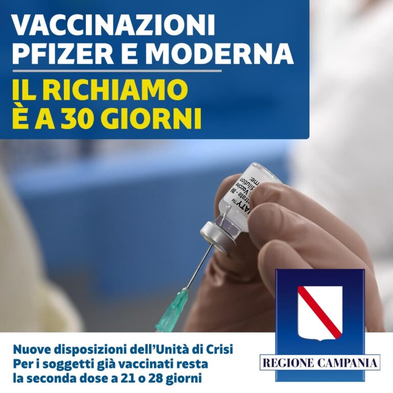 VACCINI, DA DOMANI RICHIAMO A 30 GIORNI PER PFIZER E MODERNA