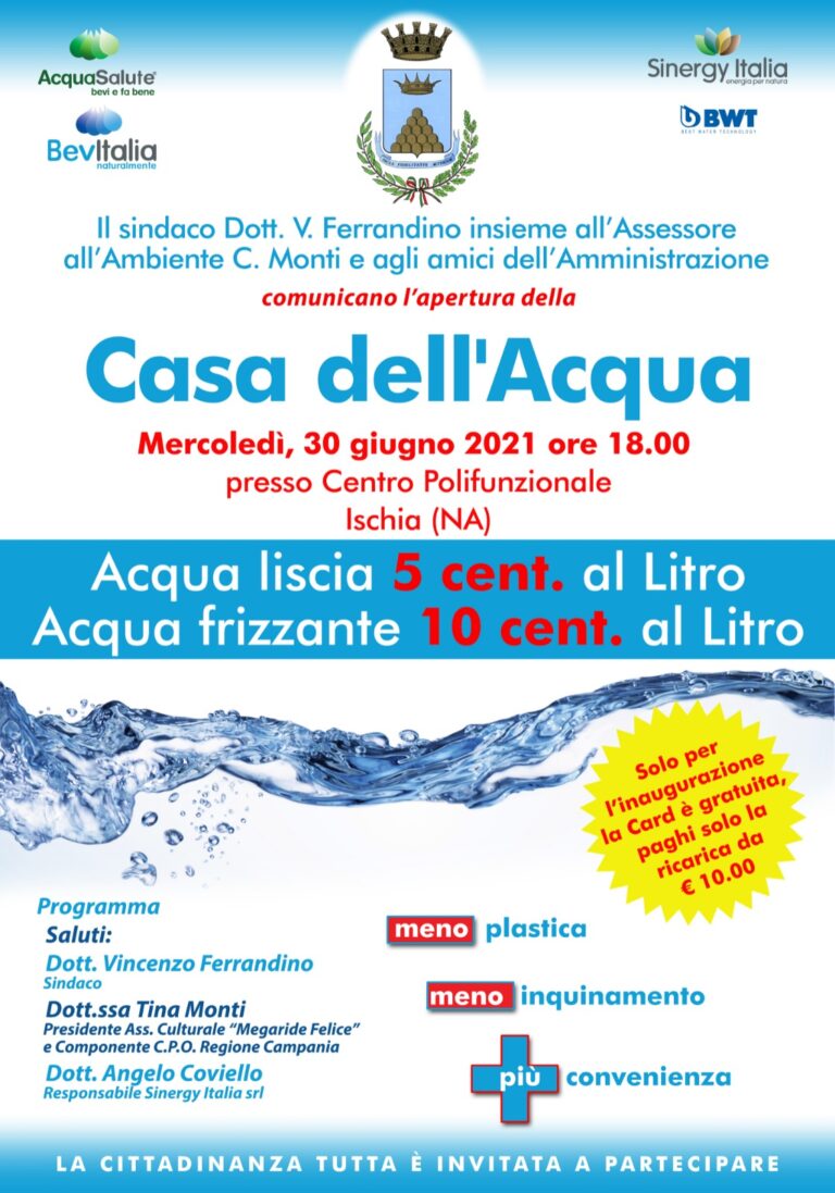 IL COMUNE DI ISCHIA INAUGURA LA CASA DELL’ACQUA: PIU’ RISPARMIO PER I CITTADINI E MENO PLASTICA PER L’AMBIENTE