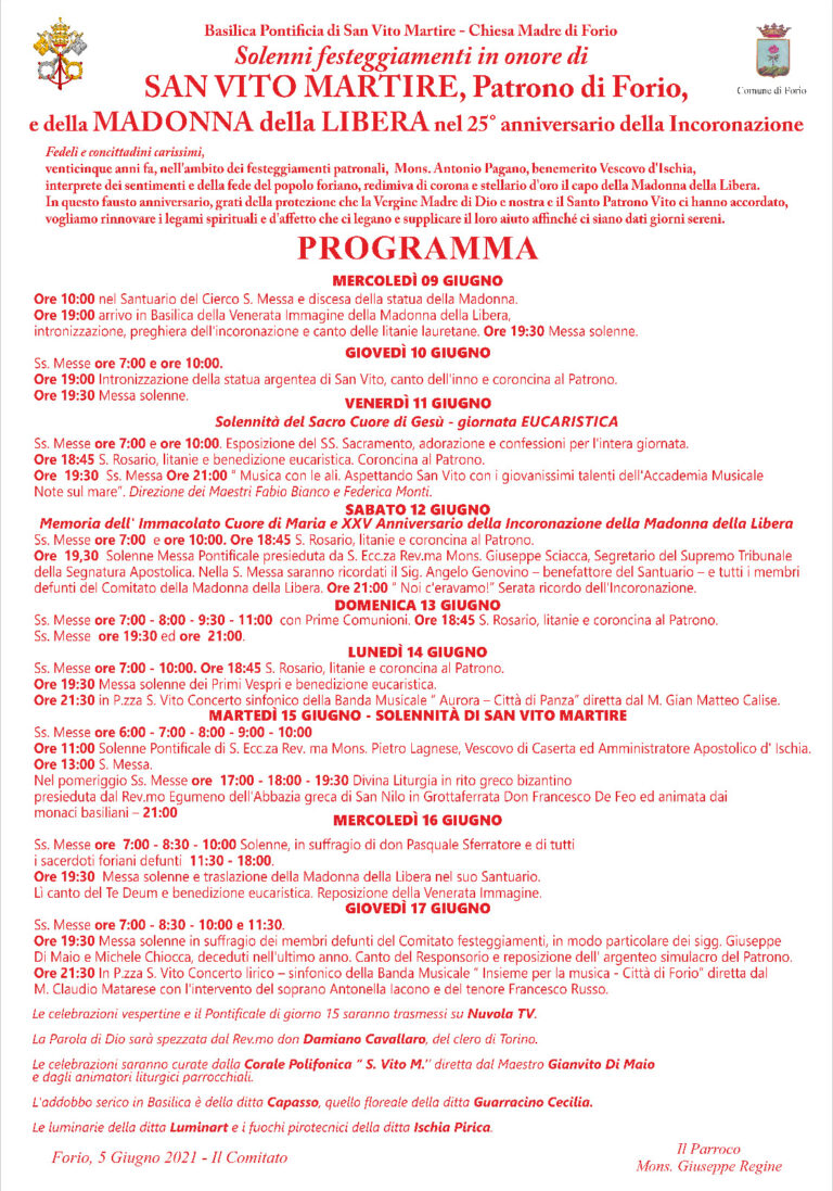 IL PROGRAMMA DEI SOLENNI FESTEGGIAMENTI IN ONORE DI SAN VITO MARTIRE