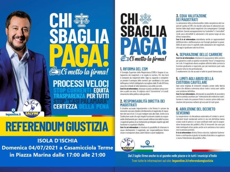 A CASAMICCIOLA RACCOLTA FIRME DELLA LEGA PER IL REFERENDUM SULLA GIUSTIZIA