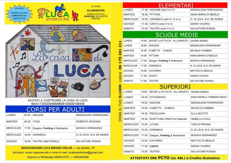 LUCA BRANDI ONLUS: DA LUNEDI’ 25 OTTOBRE VIA AI LABORATORI PER LE ENERGIE DEI GIOVANI