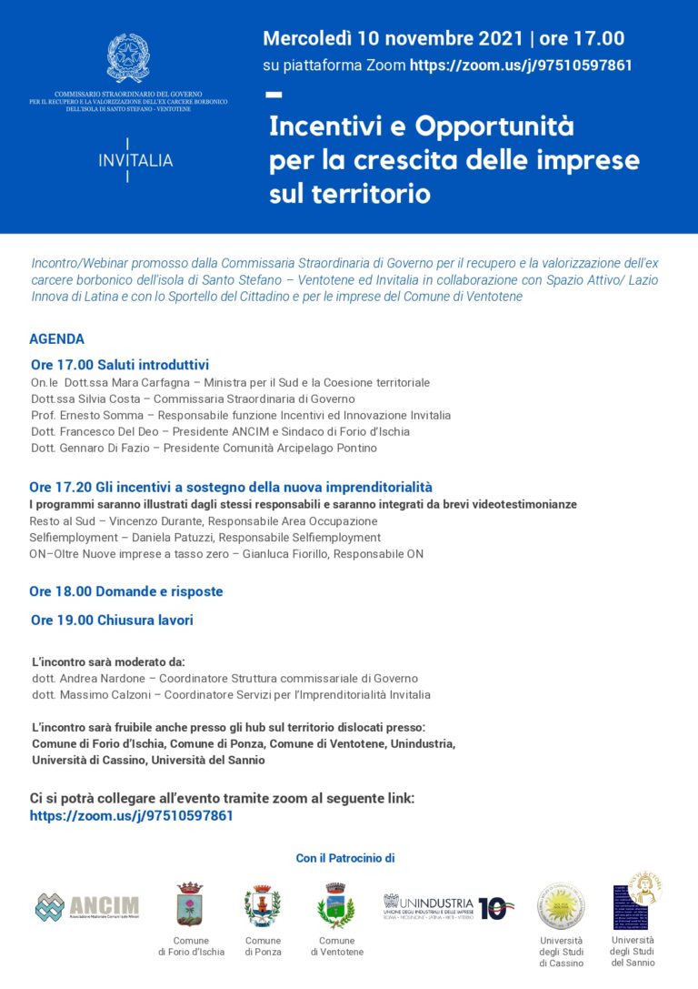 FORIO – IL 10 NOVEMBRE IL WEBINAR PER CONOSCERE E UTILIZZARE GLI STRUMENTI PER L’IMPRENDITORIALITA’