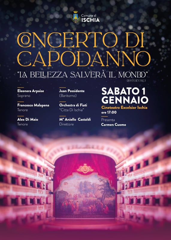 SABATO 1 GENNAIO, AL CINETEATRO EXCELSIOR, IL CONCERTO DI CAPODANNO CON LA MUSICA CLASSICA DELL’ORCHESTRA DI FIATI CITTA’ DI ISCHIA CHE ACCOMPAGNERA’ I TENORI FRANCESCO MALAPENA E ALEX DI MAIO, IL SOPRANO ELEONORA ARPAISE E IL BARITONO JUAN POSSIDENTE