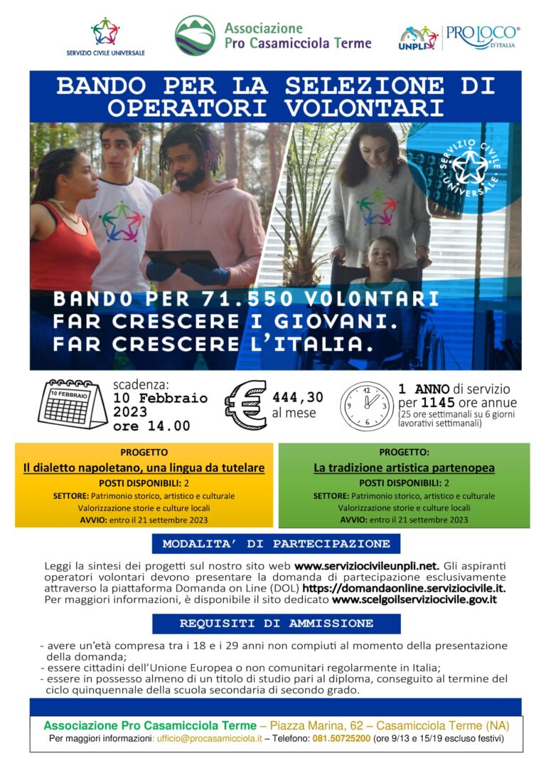QUATTRO VOLONTARI PER DUE PROGETTI DI SERVIZIO CIVILE UNIVERSALE PRESSO LA “PRO CASAMICCIOLA TERME”