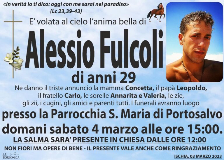 SABATO POMERIGGIO L’ULTIMO SALUTO AD ALESSIO FULCOLI