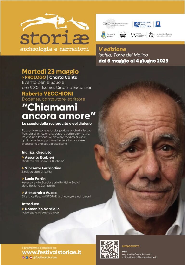 ROBERTO VECCHIONI OSPITE MARTEDÌ 23 MAGGIO A STORIÆ ARCHEOLOGIA E NARRAZIONI