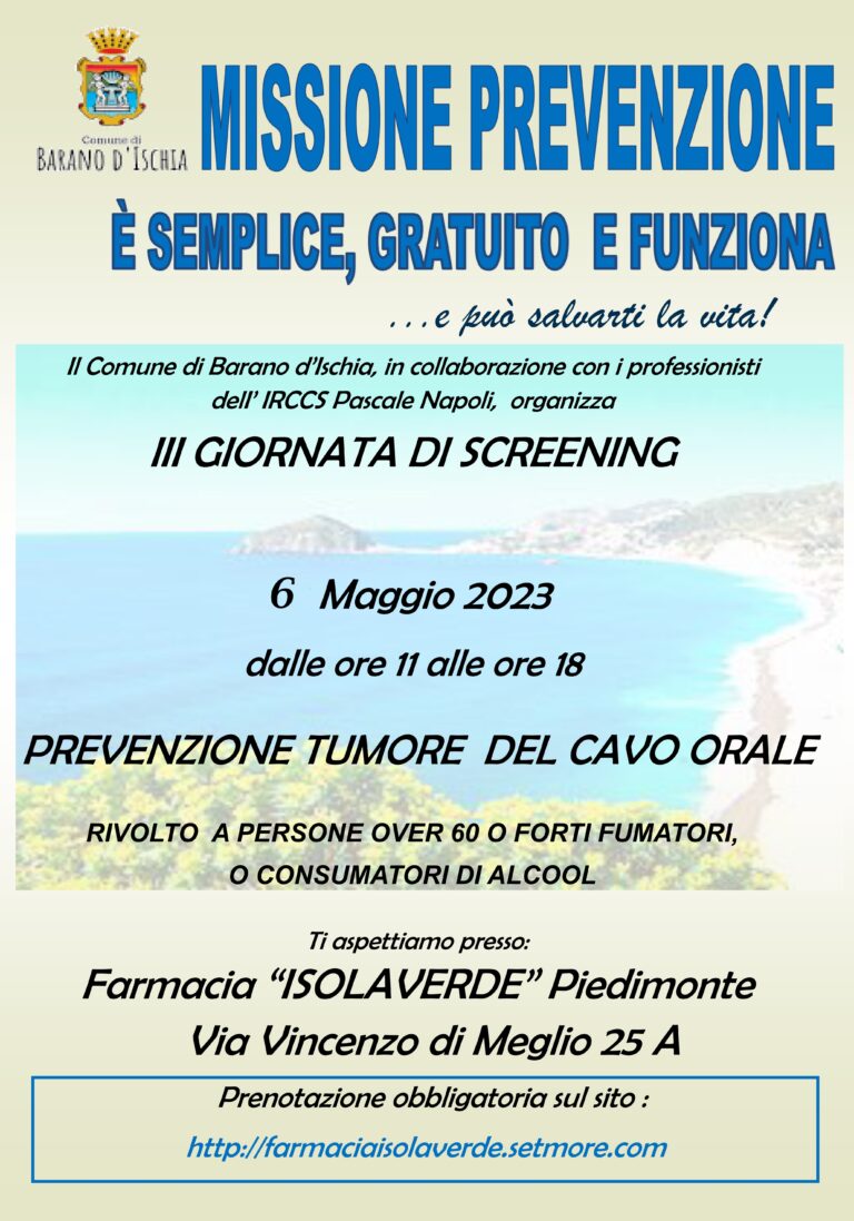 BARANO, SCREENING ONCOLOGICI GRATUITI IL 6 MAGGIO