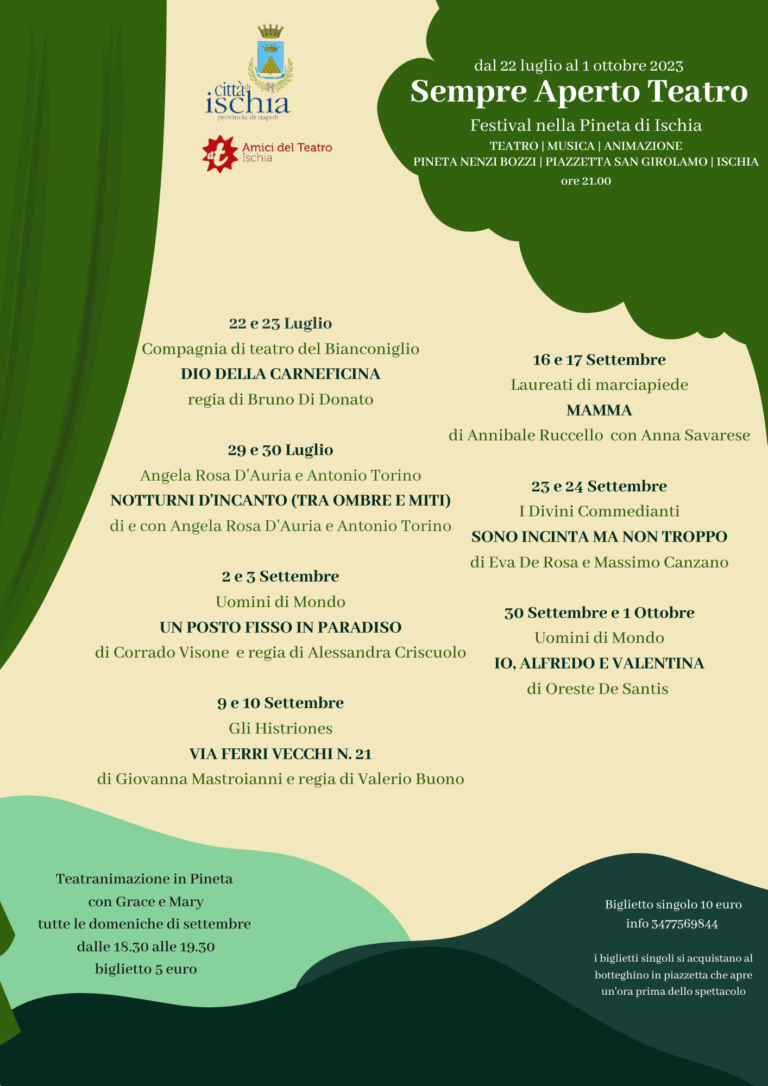 ISCHIA: DAL 22 LUGLIO PARTE “SEMPRE APERTO TEATRO”, IL FESTIVAL TEATRALE  IN PINETA 