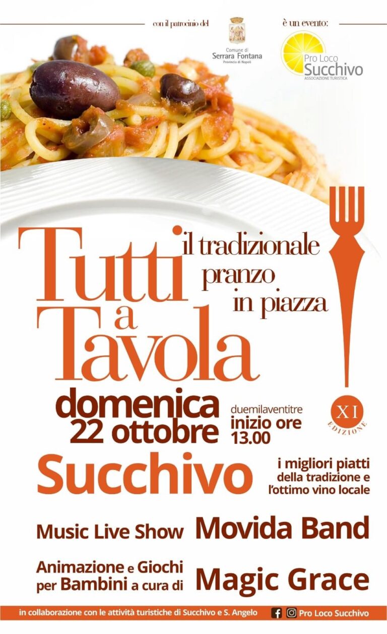 TUTTI A TAVOLA: DOMENICA 22 L’EVENTO DELLA PRO LOCO SUCCHIVO