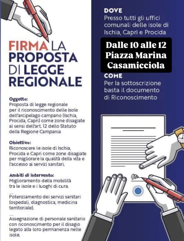 Casamicciola Terme: domani al piazzale De Felice raccolta firme per la legge regionale su isole disagiate