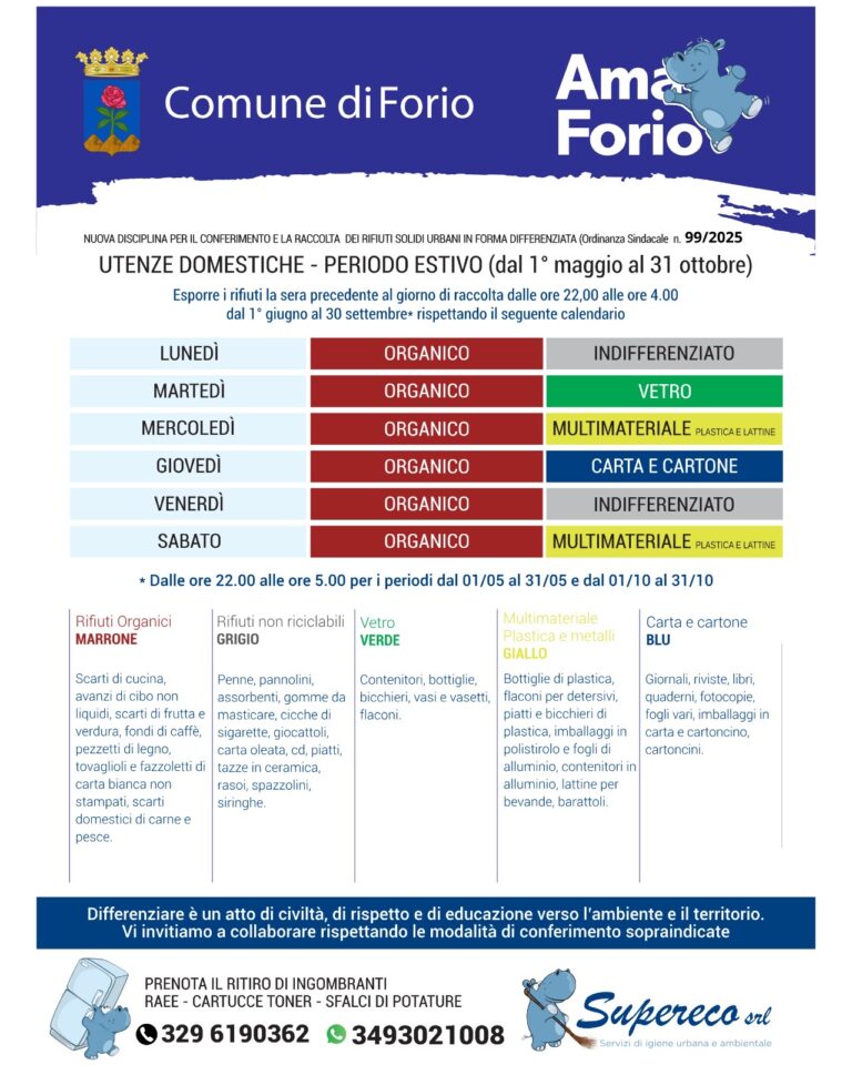 Forio: il nuovo calendario di raccolta differenziata per utenze domestiche