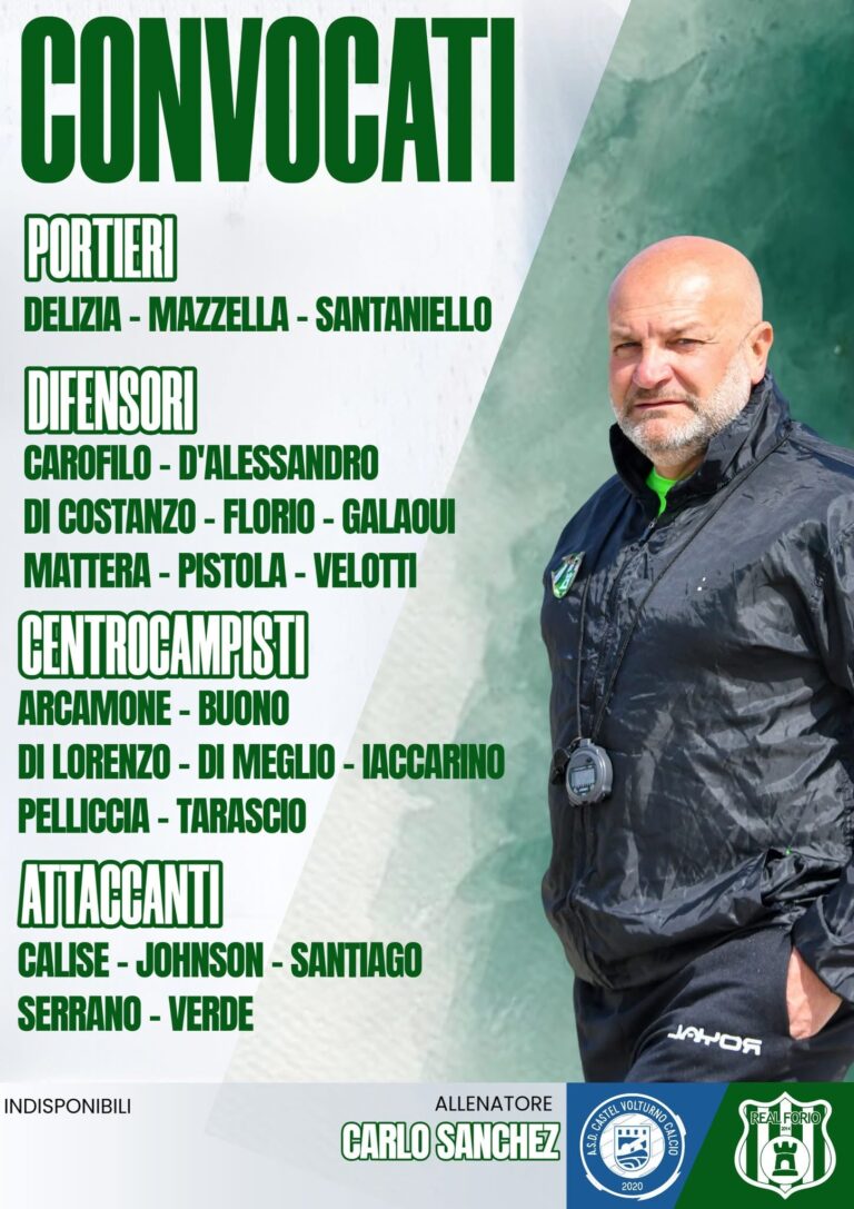 Castel Volturno – Real Forio 2014: i convocati di mister Carlo Sanchez per l’esordio in campionato