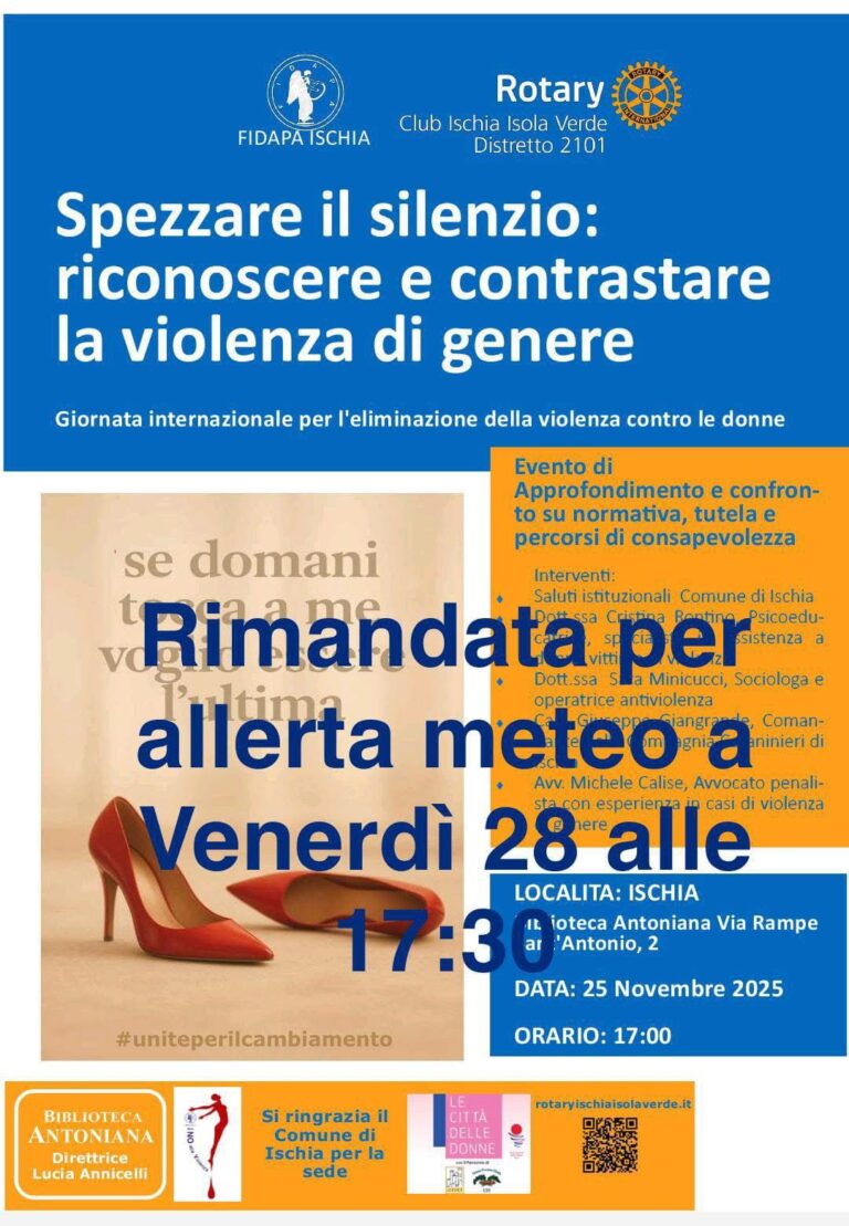 L’Evento “Spezzare il silenzio: riconoscere e contrastare la violenza di genere” rinviato a venerdì 28