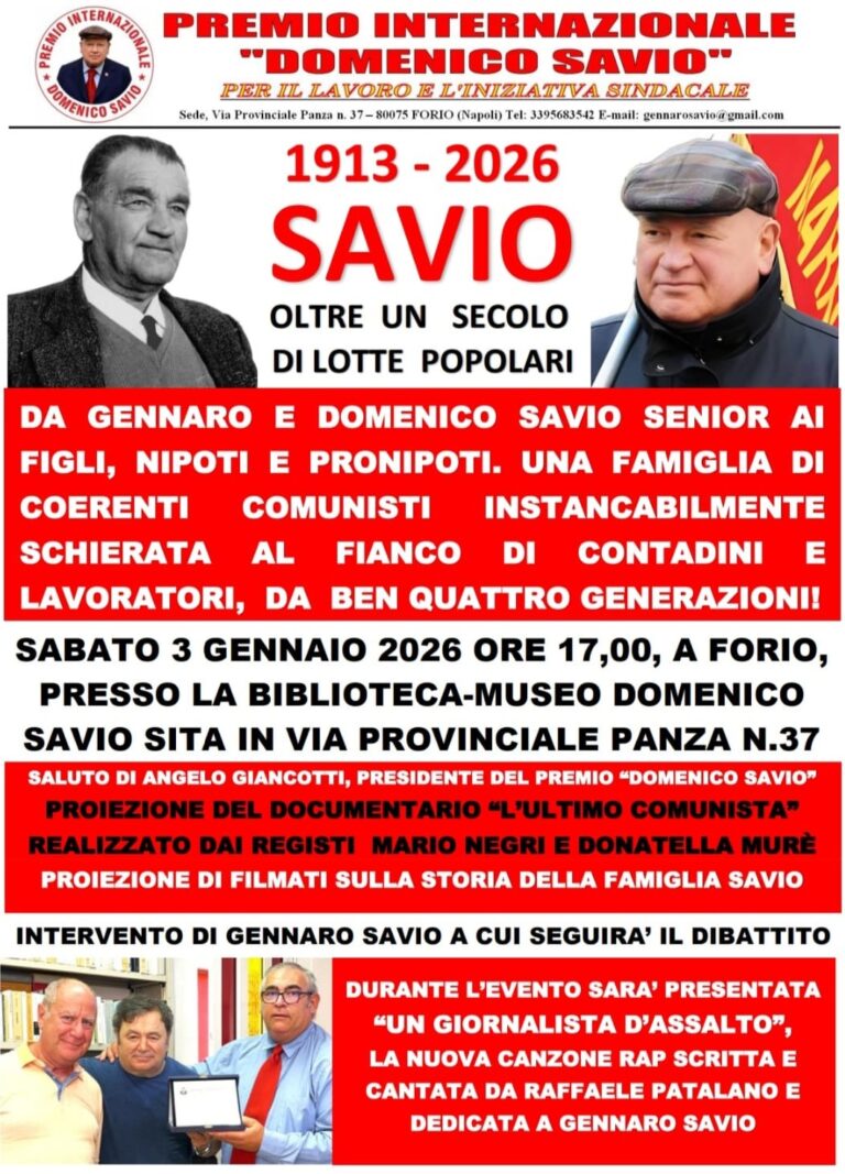 SABATO A FORIO CONVEGNO-DIBATTITO SU OLTRE UN SECOLO DI LOTTE POPOLARI DELLA FAMIGLIA SAVIO