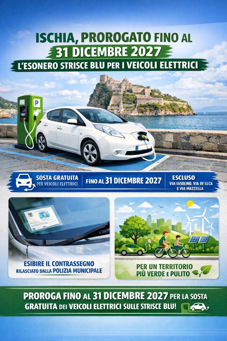 Ischia, prorogato fino al 31 dicembre 2027 l’esonero dal pagamento delle strisce blu per i veicoli elettrici